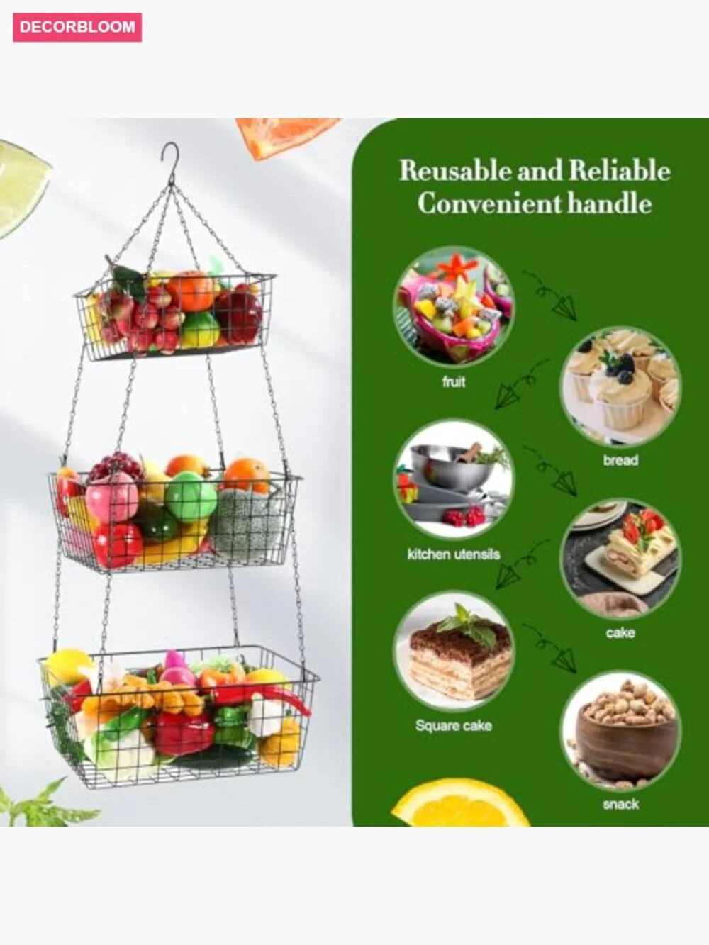 3 Tier Hanging Fruit Basket Square 35.4 Inch Heavy Duty Wire Organizer with
